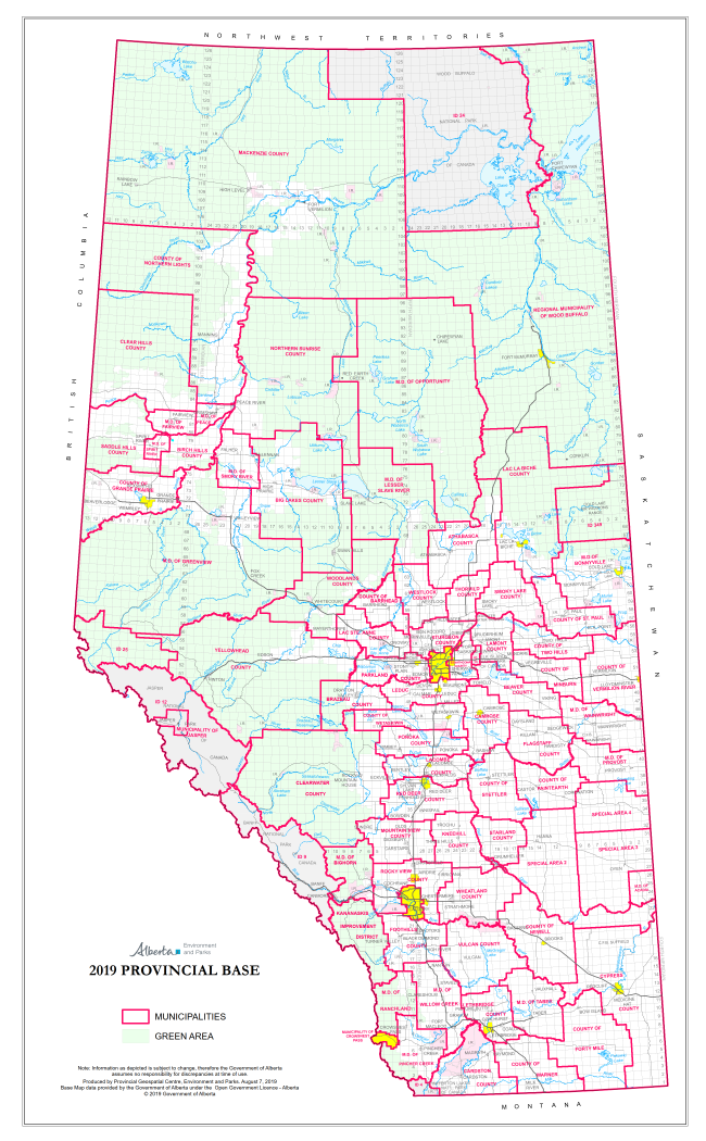 Alberta County and Municipal District Maps. The Province of Alberta's land  base outside of federal and provincial parks is split into different areas  of land known as Counties, Municipal Districts, Special Areas