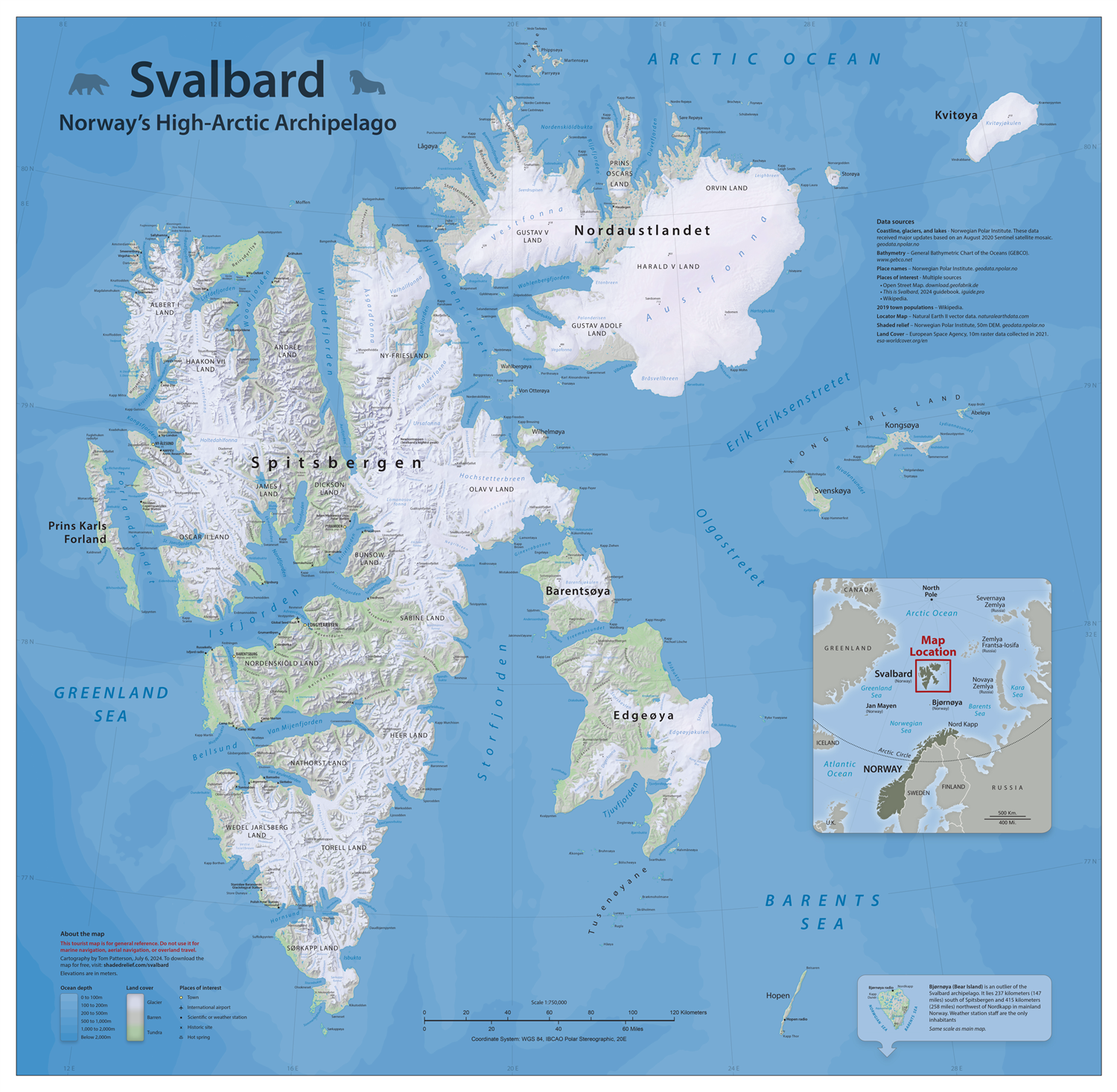 Comprehensive 28x28 wall map of Svalbard, Norway's High-Arctic ...